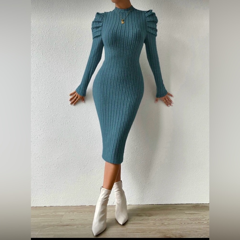 SHEIN Teal Long Sleeve Ribbed Dress